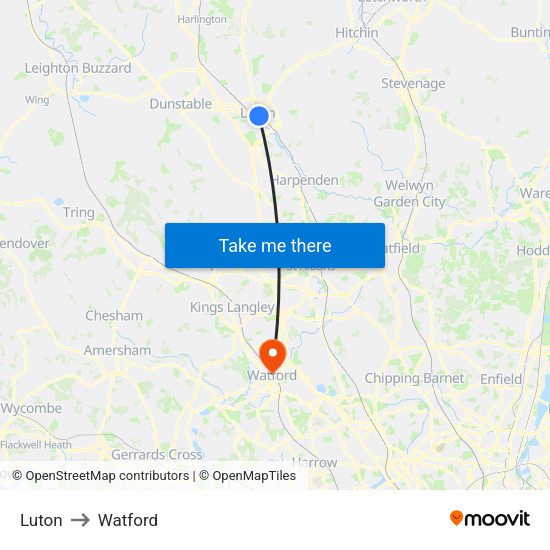 Luton to Watford map