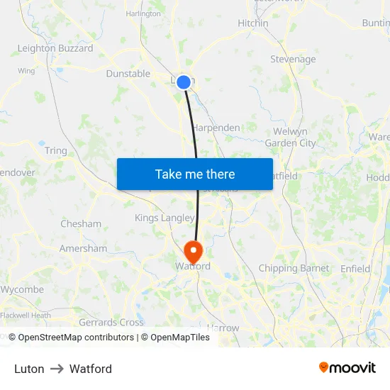 Luton to Watford map