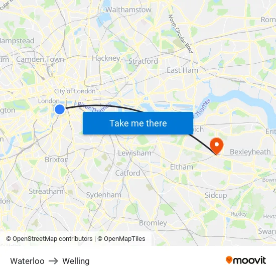 Waterloo to Welling map