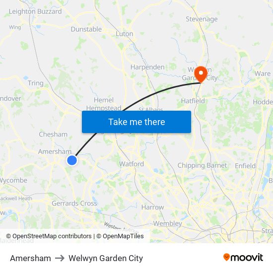 Amersham to Welwyn Garden City map