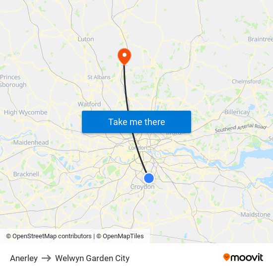 Anerley to Welwyn Garden City map