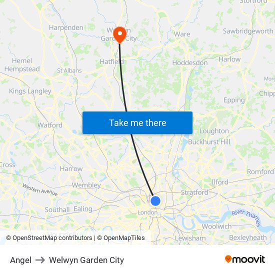 Angel to Welwyn Garden City map