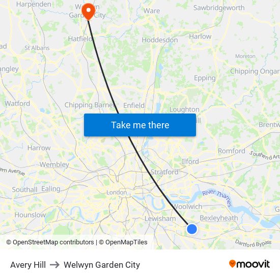 Avery Hill to Welwyn Garden City map