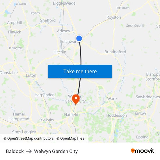 Baldock to Welwyn Garden City map