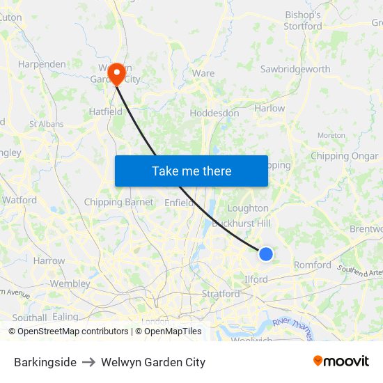 Barkingside to Welwyn Garden City map