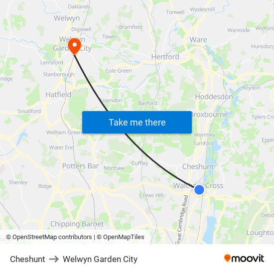 Cheshunt to Welwyn Garden City map