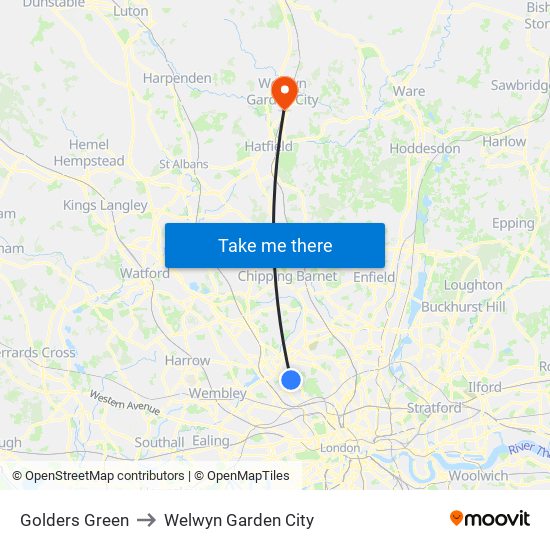 Golders Green to Welwyn Garden City map