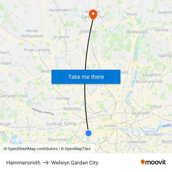 Hammersmith to Welwyn Garden City map