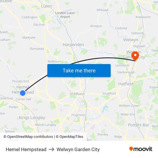 Hemel Hempstead to Welwyn Garden City map