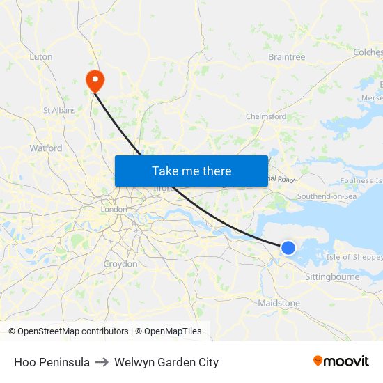 Hoo Peninsula to Welwyn Garden City map