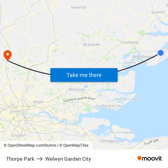 Thorpe Park to Welwyn Garden City map