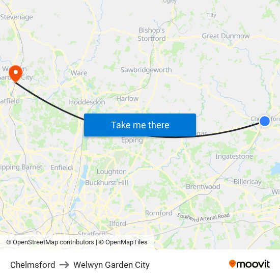 Chelmsford to Welwyn Garden City map