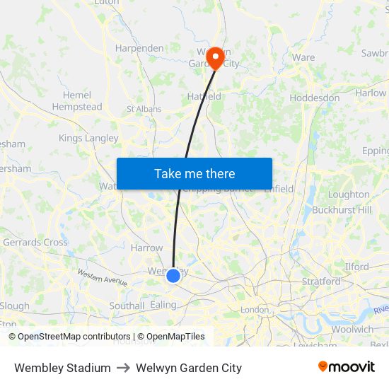 Wembley Stadium to Welwyn Garden City map