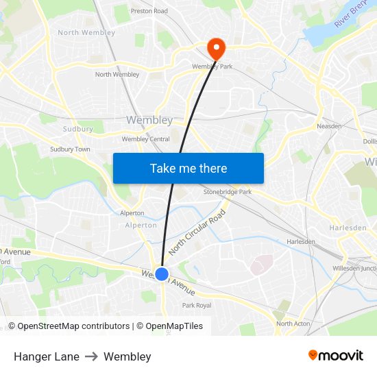 Hanger Lane to Wembley map