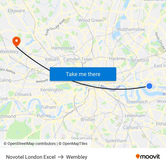 Novotel London Excel to Wembley map