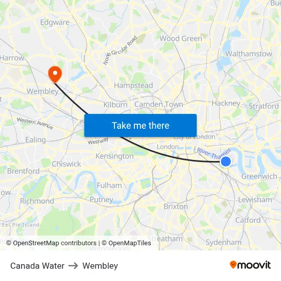 Canada Water to Wembley map
