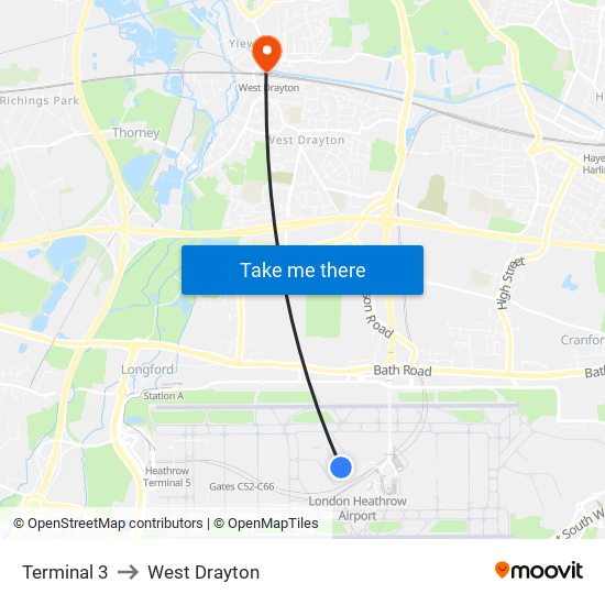 Terminal 3 to West Drayton map