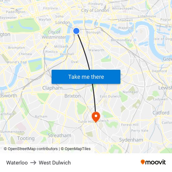 Waterloo to West Dulwich map