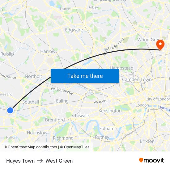 Hayes Town to West Green map