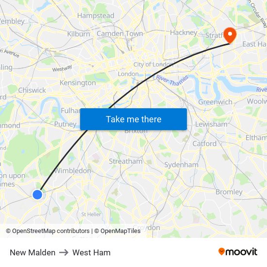 New Malden to West Ham map
