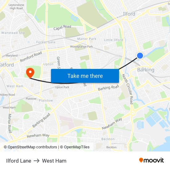 Ilford Lane to West Ham map