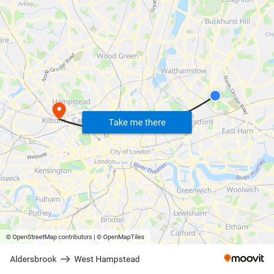 Aldersbrook to West Hampstead map