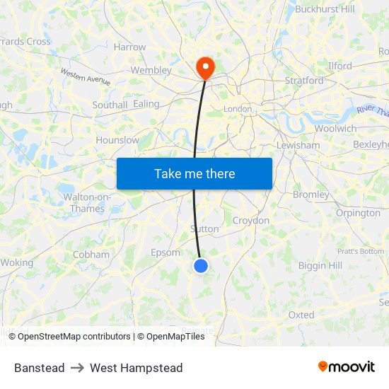 Banstead to West Hampstead map