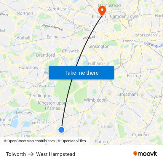 Tolworth to West Hampstead map