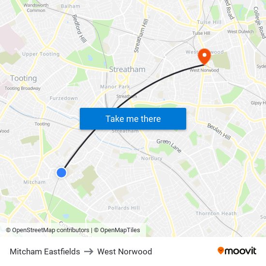 Mitcham Eastfields to West Norwood map