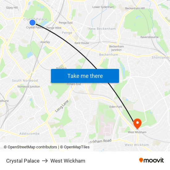 Crystal Palace to West Wickham map