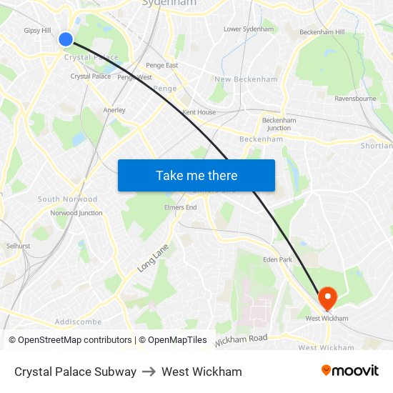 Crystal Palace Subway to West Wickham map