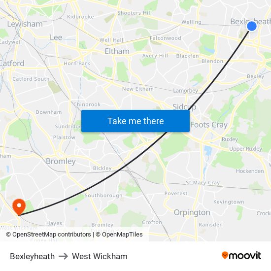Bexleyheath to West Wickham map