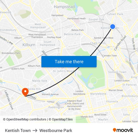 Kentish Town to Westbourne Park map