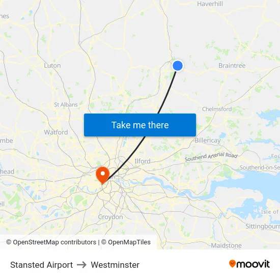 Stansted Airport to Westminster map