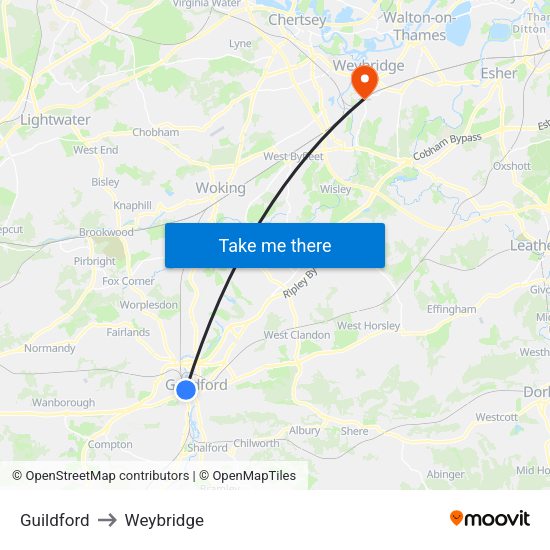 Guildford to Weybridge map