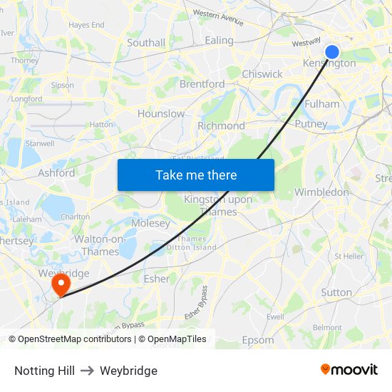 Notting Hill to Weybridge map