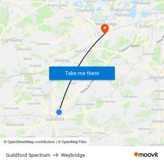Guildford Spectrum to Weybridge map