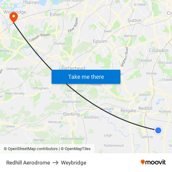 Redhill Aerodrome to Weybridge map