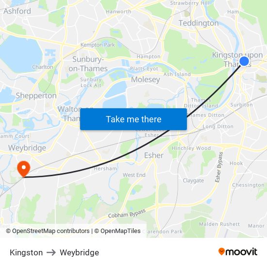 Kingston to Weybridge map