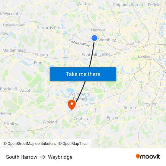 South Harrow to Weybridge map