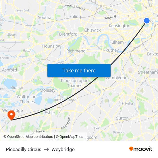 Piccadilly Circus to Weybridge map