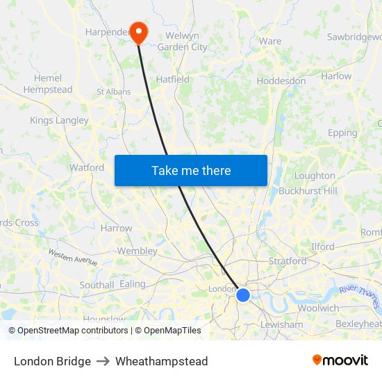 London Bridge to Wheathampstead map