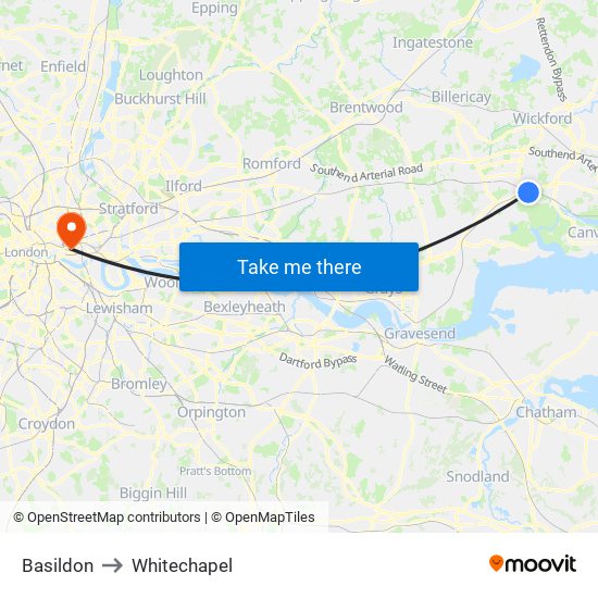Basildon to Whitechapel map