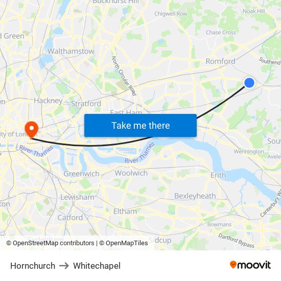 Hornchurch to Whitechapel map