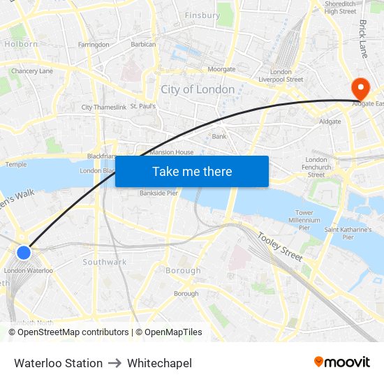 Waterloo Station to Whitechapel map