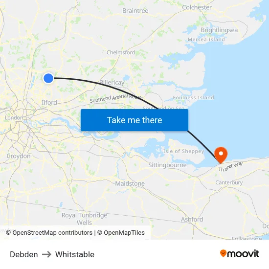 Debden to Whitstable map