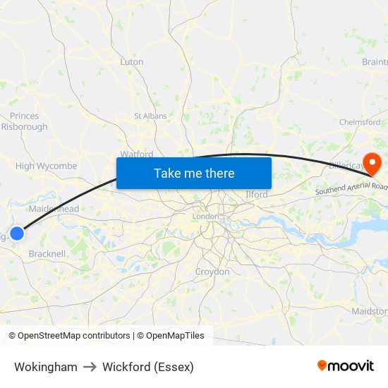 Wokingham to Wickford (Essex) map