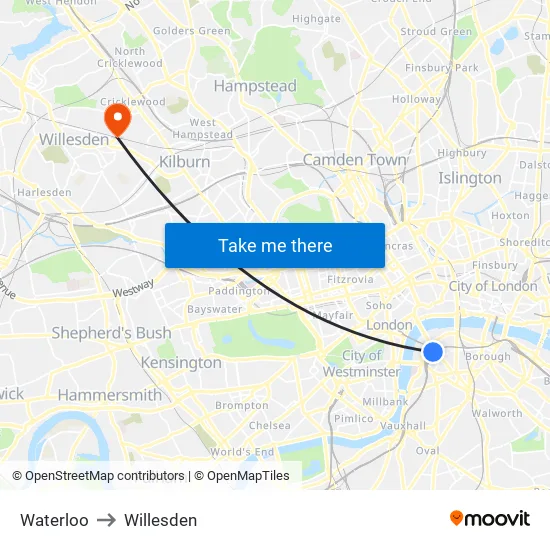 Waterloo to Willesden map