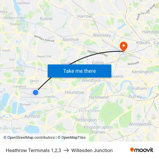 Heathrow Terminals 1,2,3 to Willesden Junction map