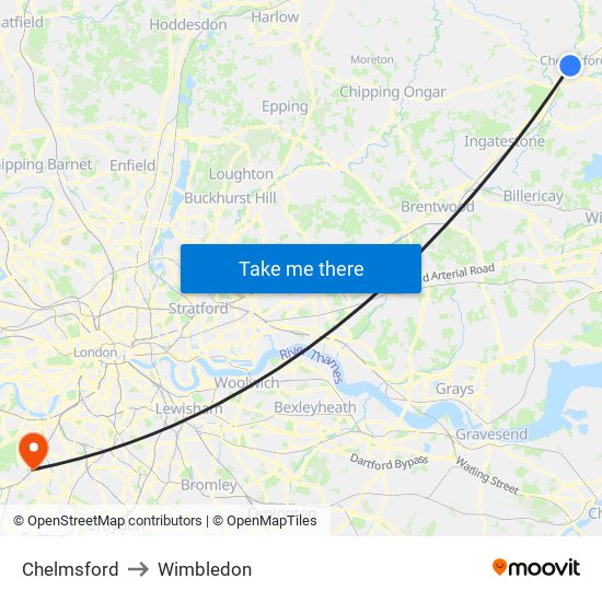 Chelmsford to Wimbledon map